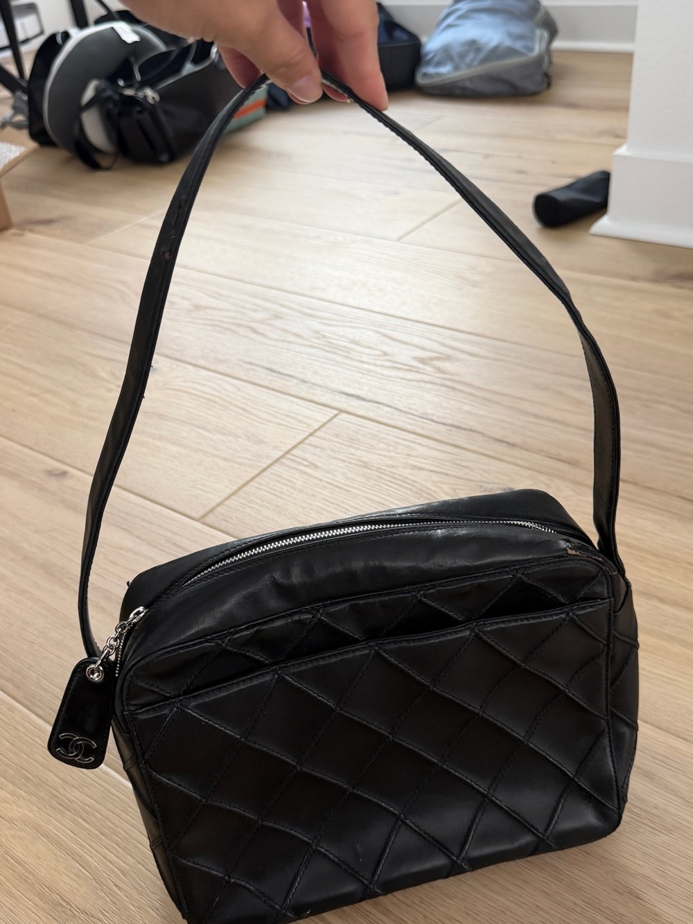 CHANEL Black Quilted Leather Shoulder Camera Bag